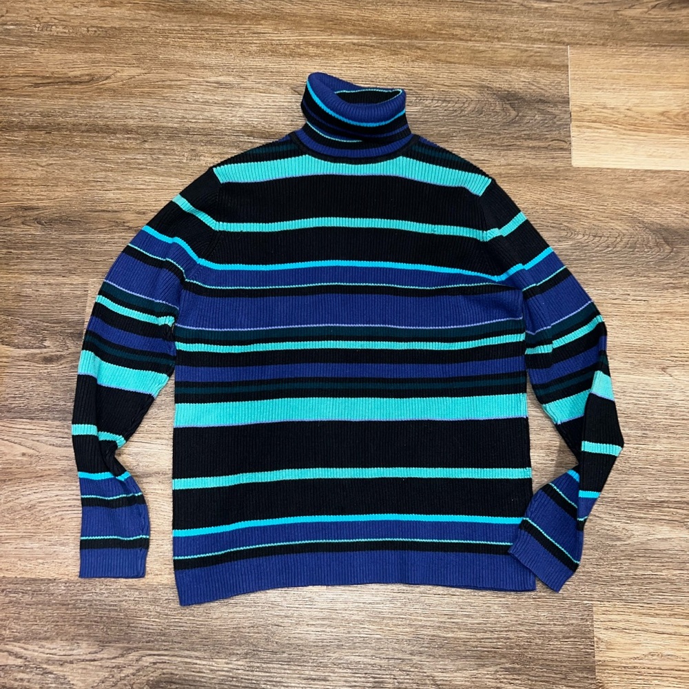 Ribbed Karen Scott Blue and Black Color-block Striped Turtleneck
